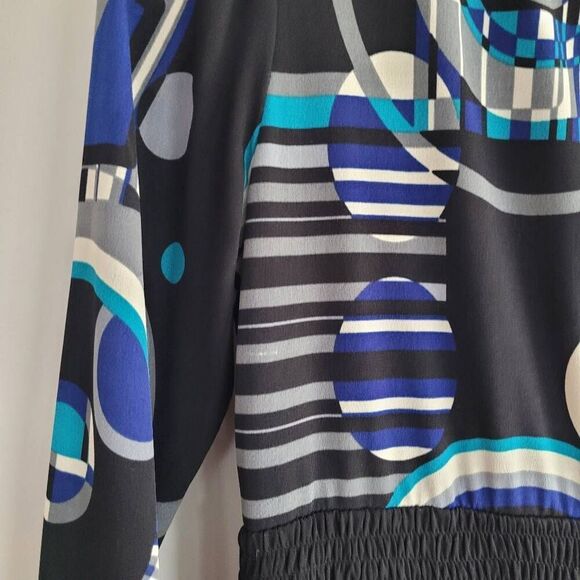 Vintage y2k geometric print blue v neck dress artsy unique‎ 2000s office - Picture 6 of 13